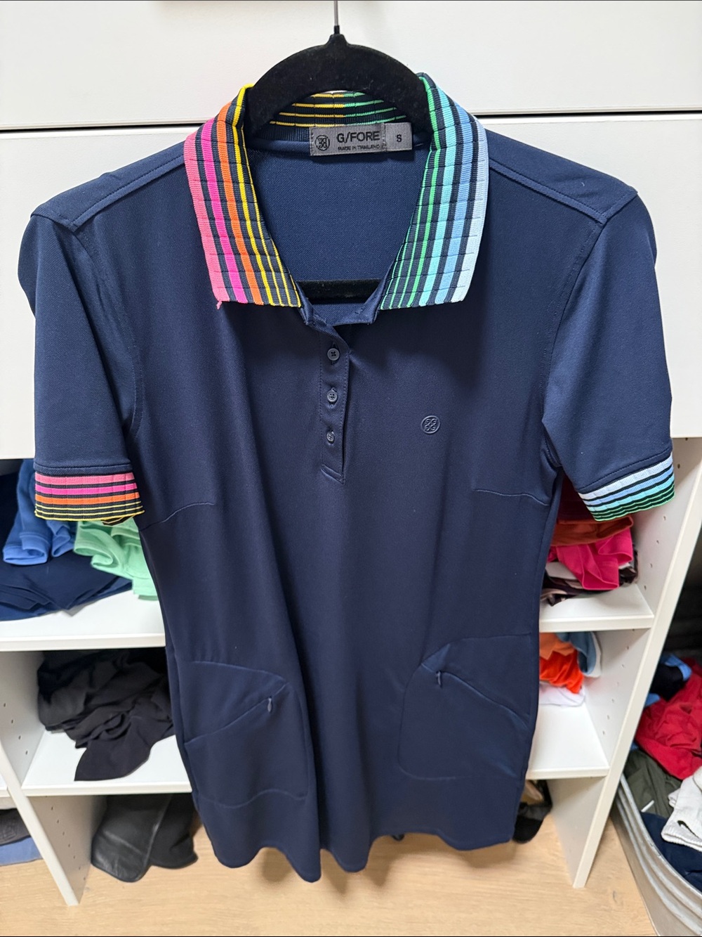 G/FORE Navy Mini Polo Dress with Rainbow Stripe Trim